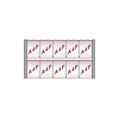 Ten hook-over poster holders on aluminium wall display
